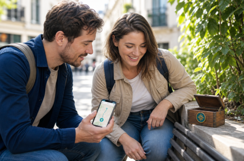 Couple jouant à Treasure GO avec un smartphone et un petit coffre